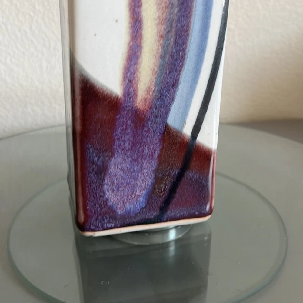 Handmade Studio Pottery Vase Blues Purple Artist Signed Rectangle 10” Earthware‎